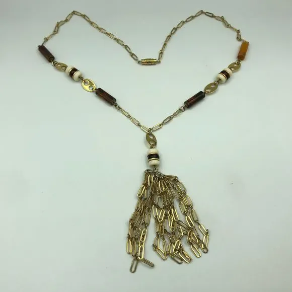 VINTAGE Gold Tone Tassel Beaded Pendant Retro Necklace, Disco Party Studio 54 - Picture 2 of 16